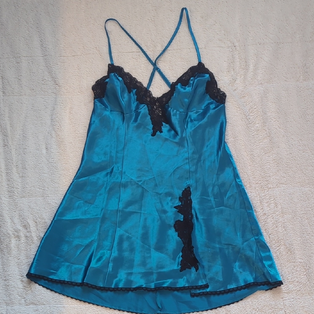Frederick's of Hollywood Teal Chemise with Black Lace